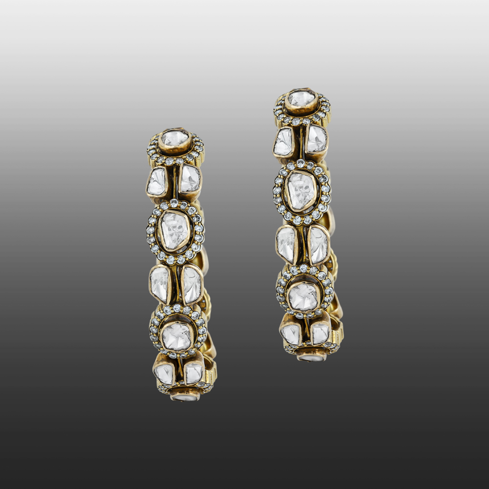 Antique Finish Polki Hoop Earrings with Oval Motifs and Diamonds
